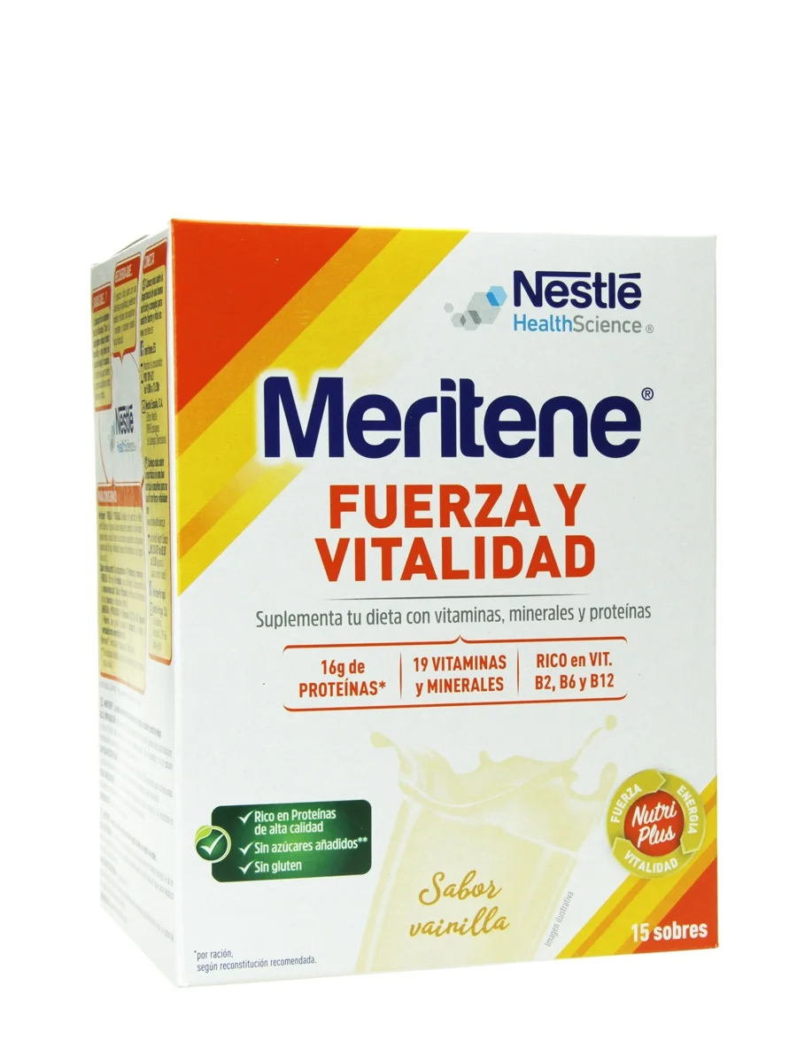 Meritene strength and vitality vanilla flavor 15 sachets-food supplement with vitamins, minerals and proteins.