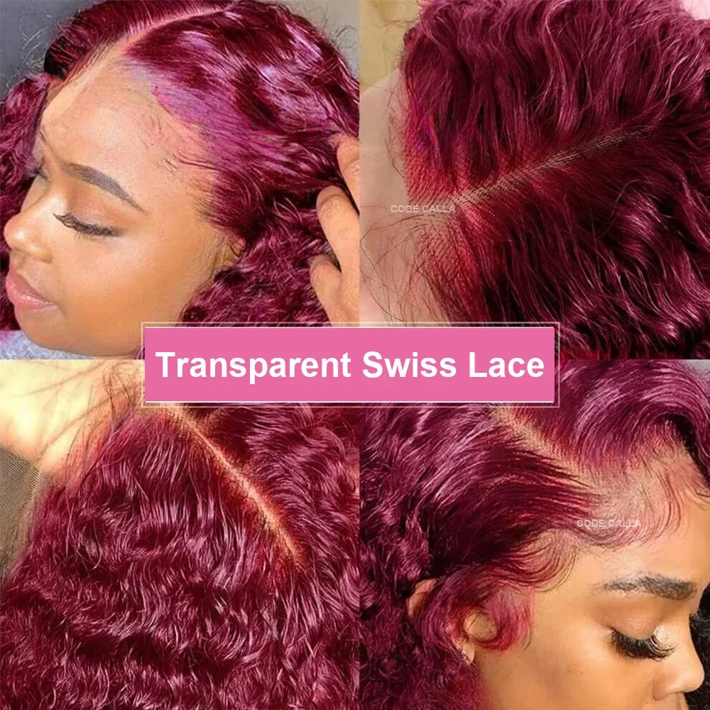 Brazilian Deep Wave Frontal Wig Transparent 13x4 Lace Human Hair Wigs 99J Burgundy for Women Curly Short Bob Pre Plucked 180%