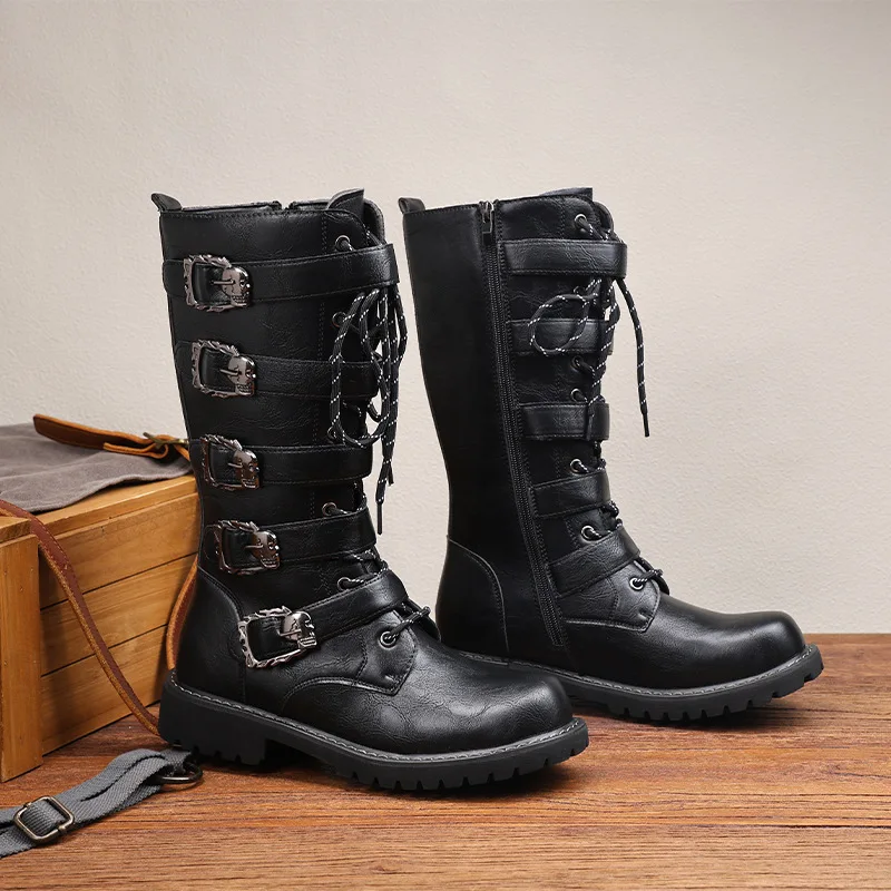 

Men's Leather Motorcycle Boots Mid-calf Breathable Combat High Top Boots Gothic Belt Punk Boots Men Rock Punk Shoes Size 37-46