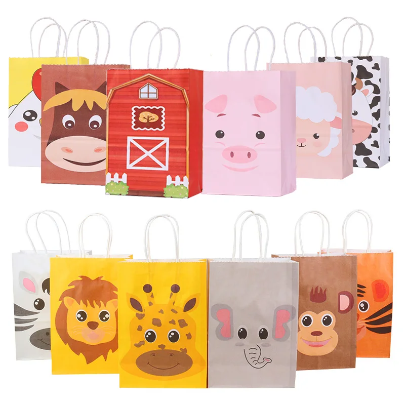 6pcs Jungle Safari Animal Zoo Happy Birthday Party Paper Candy Box Kids Gift Cookies Packaging Bags Baby Shower Decor Supplies