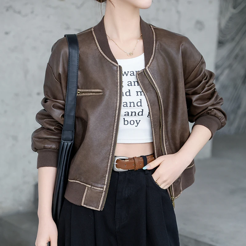 QOERLIN Vintage Faux Leather PU Jacket Coat Causal Baseball Jacket Long Sleeve Outwear Zipper Short Coat Autumn Winter 2024 New