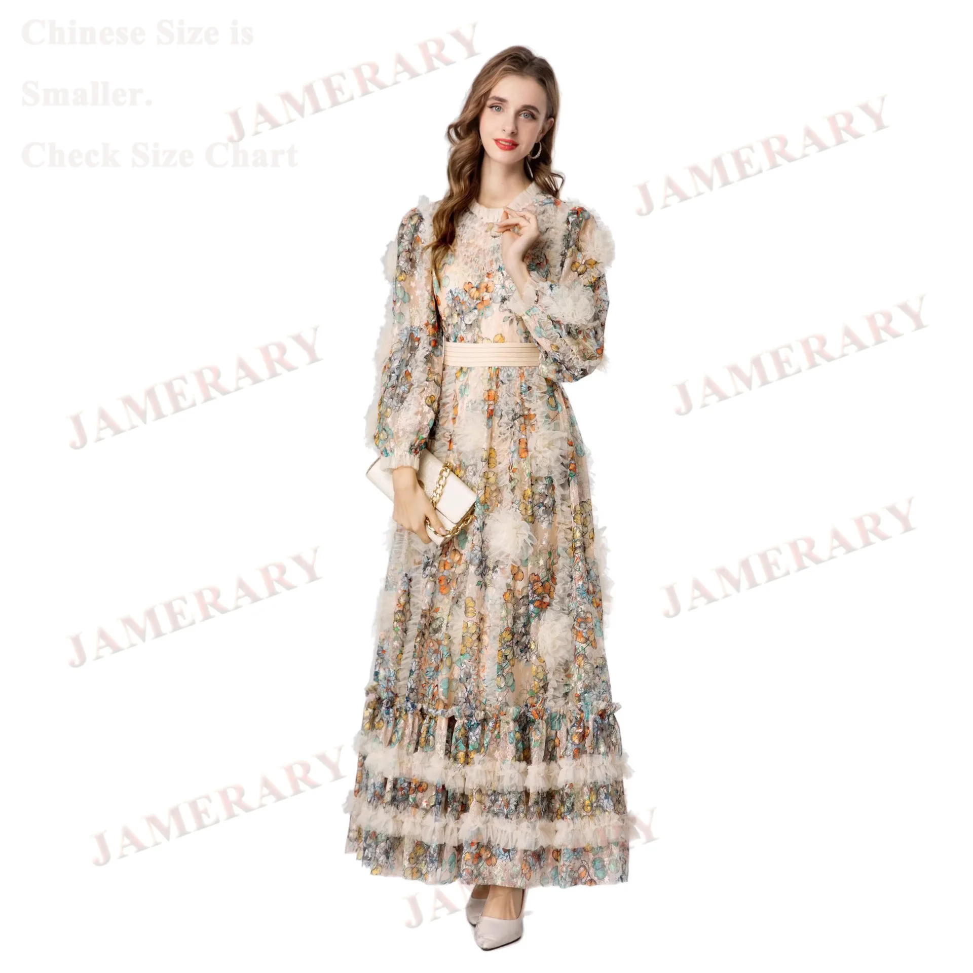 Summer Luxury Formal Evening Sequin Dresses Women Ruffle Long Sleeve Floral Maxi Cake Dress Tulle Prom Retro Party Vestidos