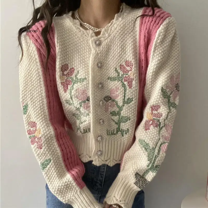 Autumn Winter Embroidery Jacquard Knit Cardigan Sweater Women Korean Elegant Vintage Ladies Jackets Coats Long Sleeve Chic Tops