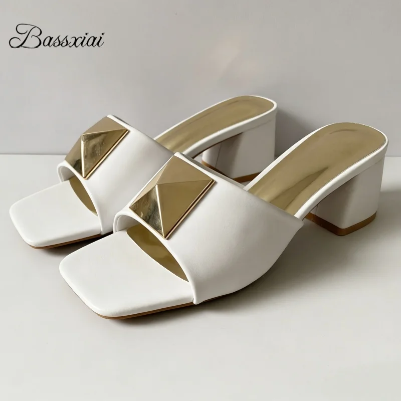 

Gold Rivet Buckle Decor Outwear Shoes For Girls Square Toe Med Heel Slingbacks Concise Summer Sandals Women