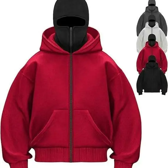 2026 Spring/Autumn New Men's Hip Hop Windproof Mask Zipper Double Hat Hooded Sweatshirt Street Trendy Loose Solid Color Coat