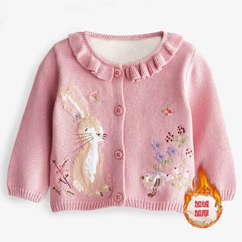 OLEKID Kinder Mädchen Gestrickter Jacquard-Cardigan Herbst 2-8 Jahre Mädchen Kaninchen-Spitzenpullover Mantel Kleinkind Mädchen Blumen-Strickwaren – Detail 5