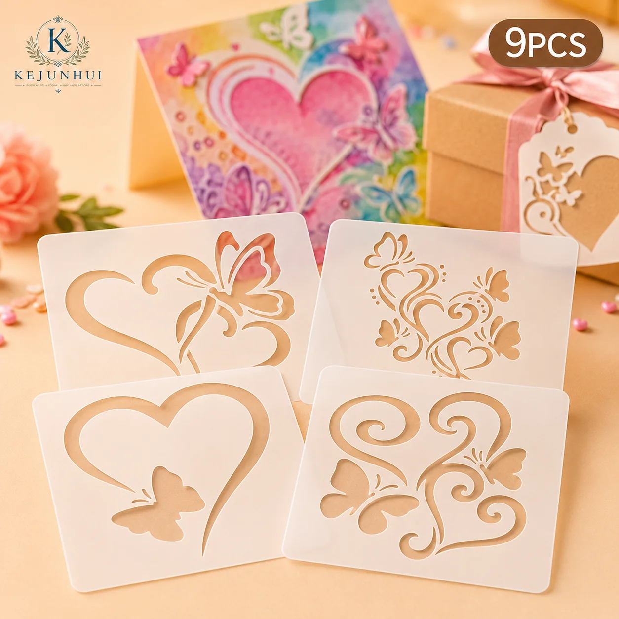 9Pcs 4x4in Heart Butterfly Stencils Reusable PET Stencils for Painting DIY Love Card Craft Templates Wall Wood Fabric Decor