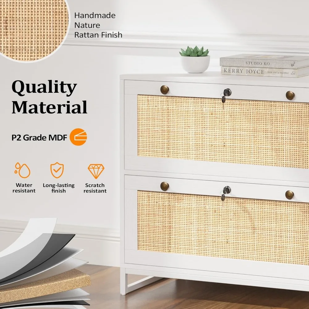 Armário branco e natural do Rattan com fechamento, Armários de arquivo para Home Office, Suporte da impressora, 2 gavetas laterais