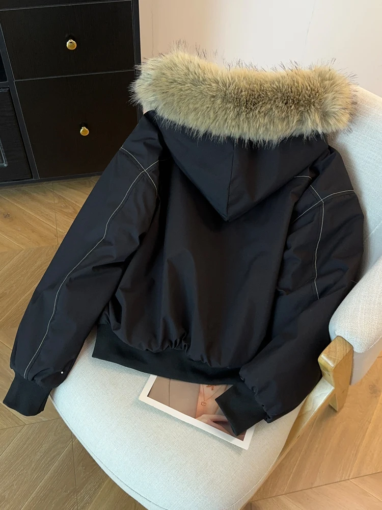 Amerikaanse retro katoenen damesjas met korte capuchon, mode, grote bontkraag, verdikte jas, paar stijl, warme fleece parka