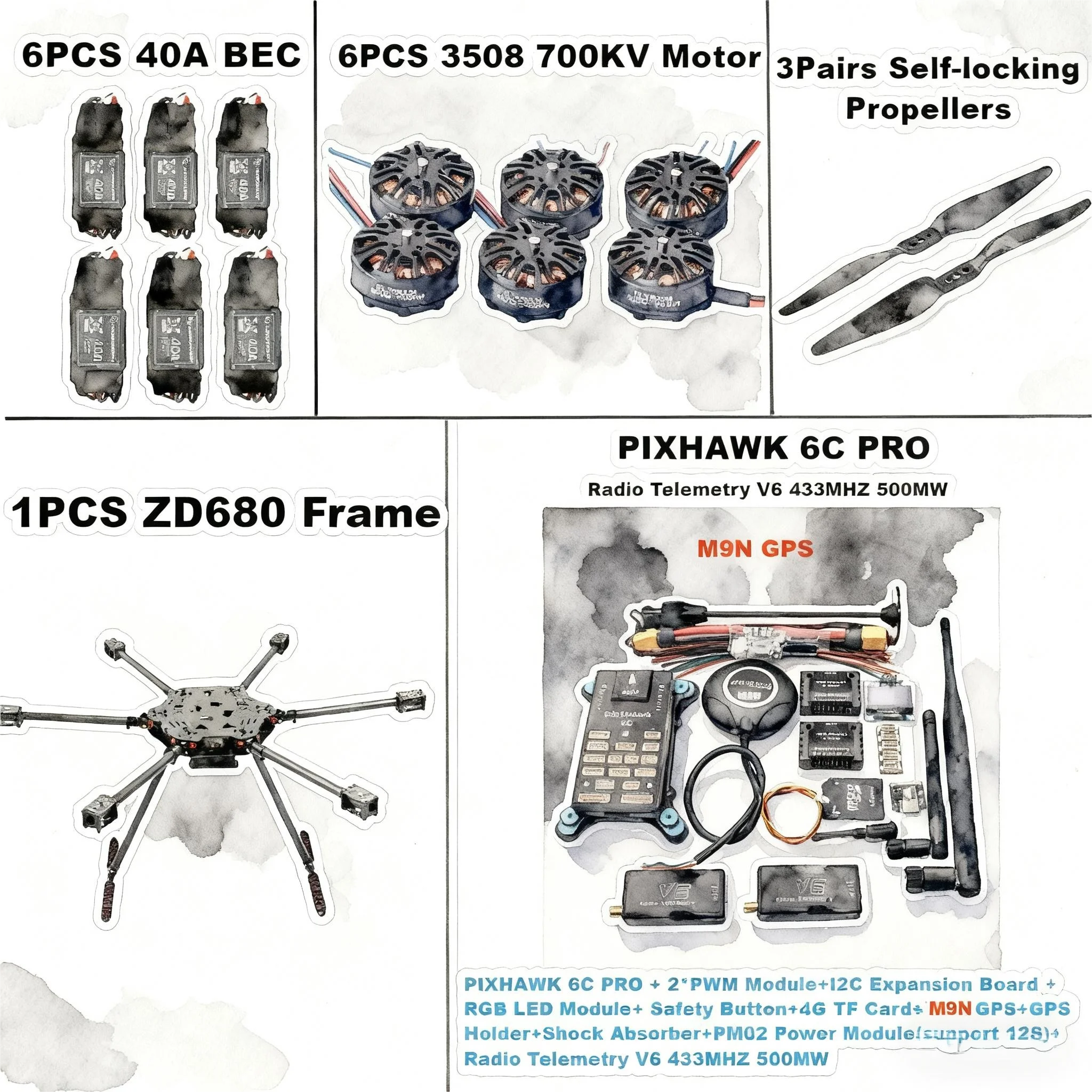 FPV ZD680 6C PRO M8N M9N M10 Kit de cadre hexagonal à bras pliable hexa-rotor entièrement en Fiber de carbone PIXHAWK avec train d'atterrissage indodable