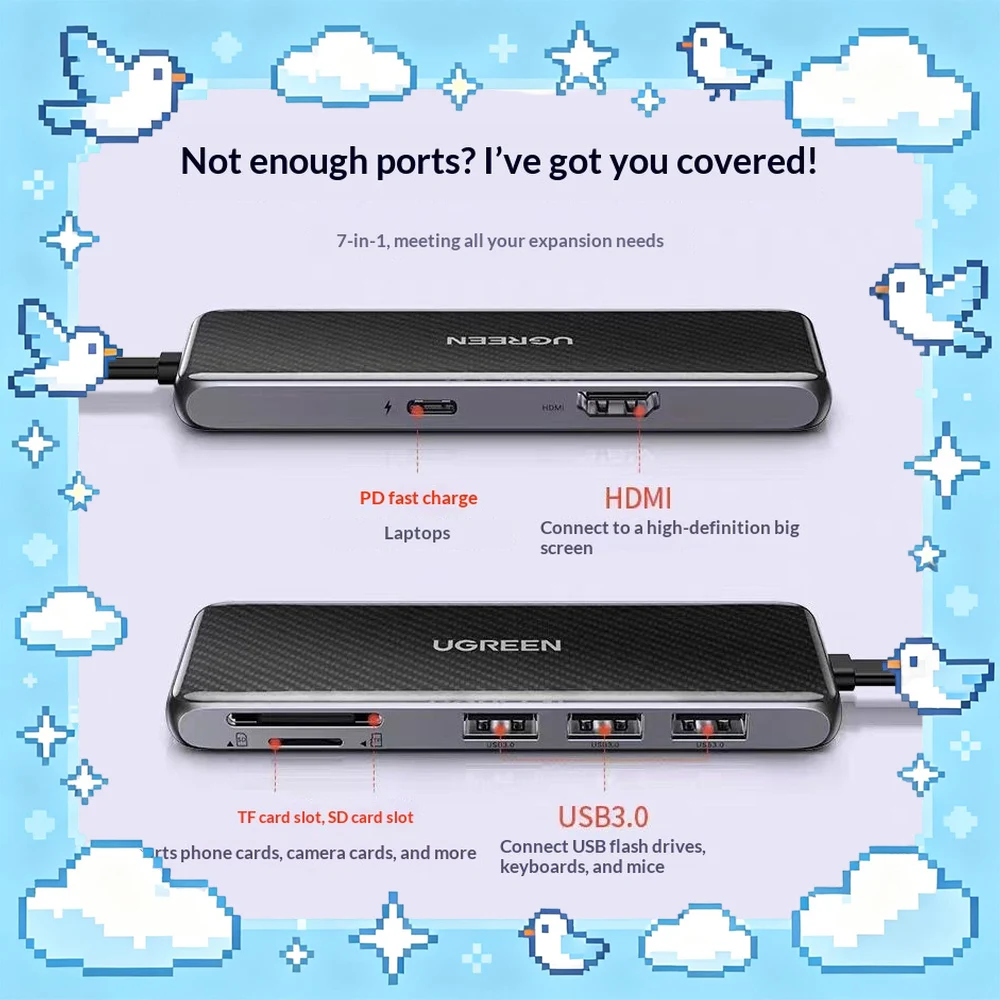 UGREEN 70550 CM305 USB C Hub 7 in 1 with 4K HDMI USB 3.0 SD TF Card Reader PD Charging Type C Docking Station