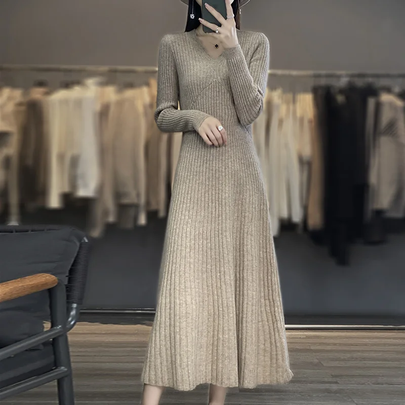 FRSEUCAG Pullover 100 Pure Wool V-Neck Women\'s Dress Sweater Fashion Slim Fit Long Sleeve Knitted New Product Long Women\'s Dress