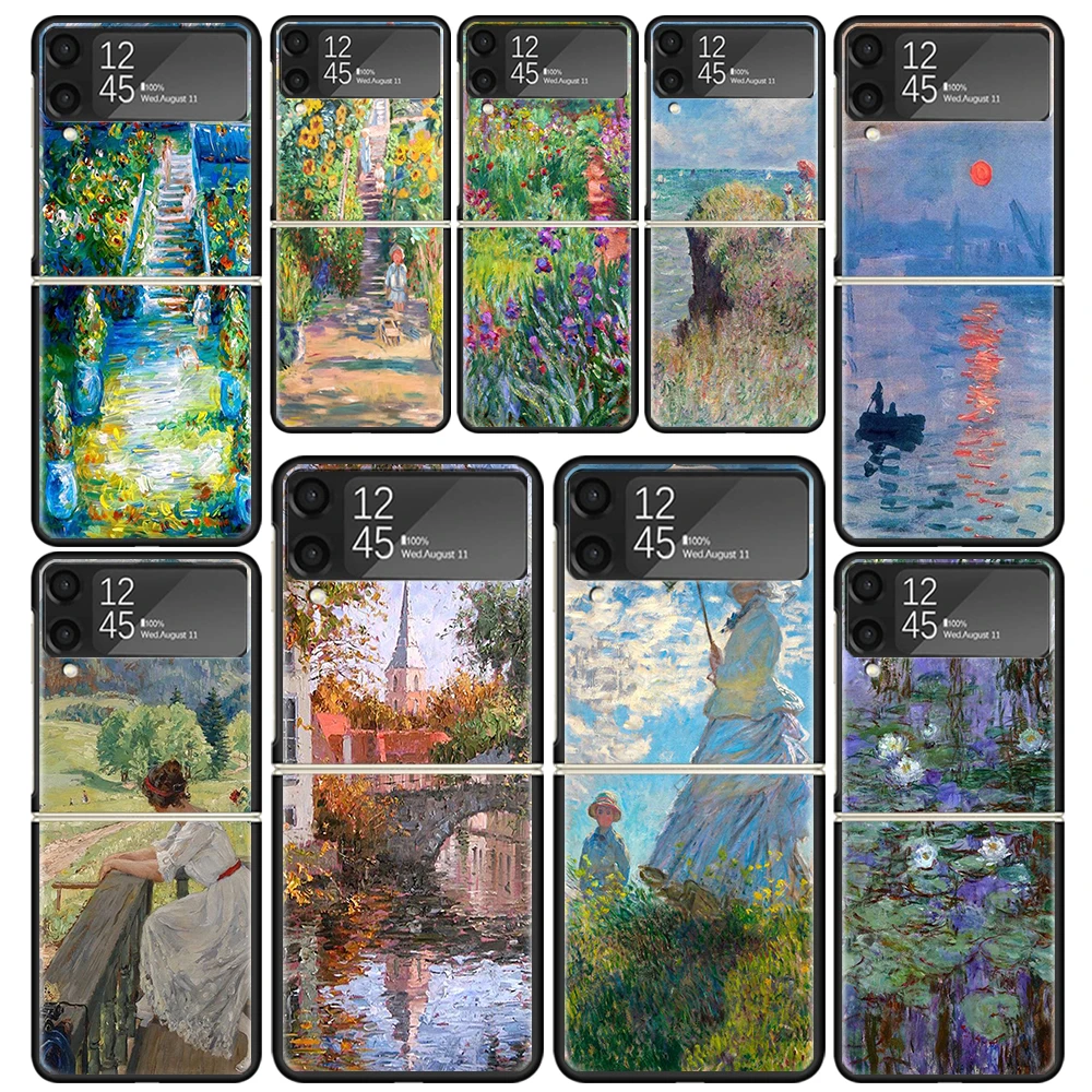 Claude Monet Garden Lotus Bridge For Samsung Galaxy Z Flip 6 5 4 3 5G Black Phone Case Flip6 Flip5 Flip4 Flip3 Cover Shockproof