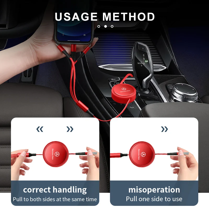 Retractable 3 In 1 Usb Cable for iPhone & Micro USB & Type C For Mercedes Benz CLK GLC W212 C200 C300 W203 W204 W205 W169 W176 - view 4