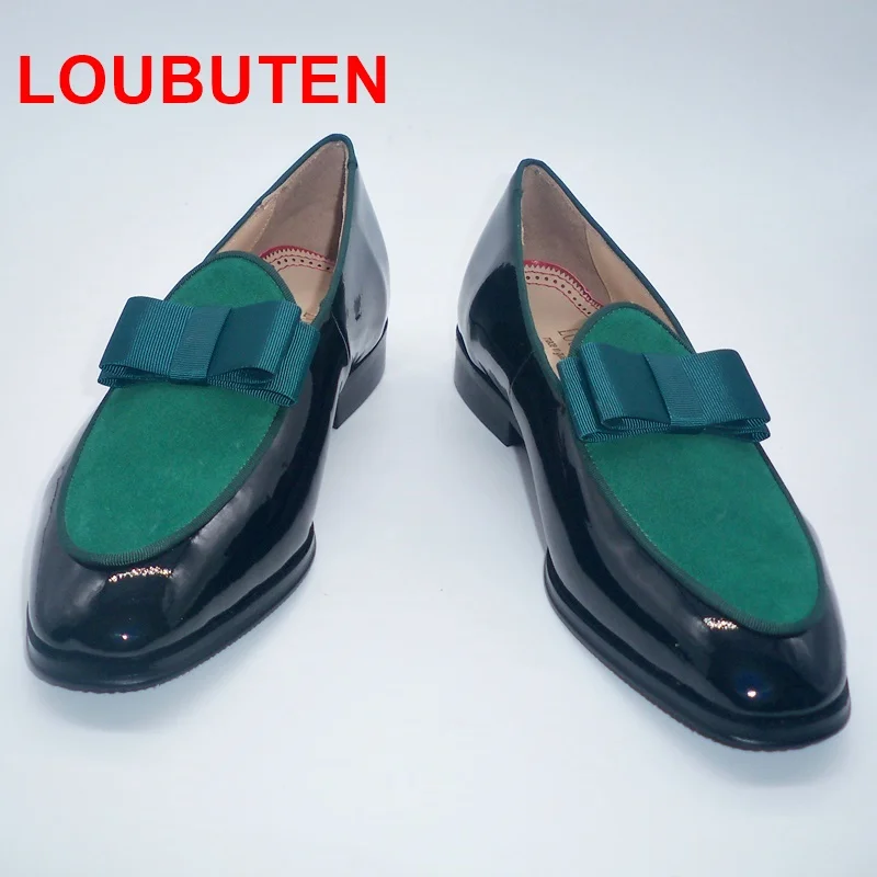 LOUBUTEN Summer New Fashion Green Butterfly-Knot Mens Loafers Stylish Patent Leather Shoes Men Dress Shoes Slip On Party Shoes