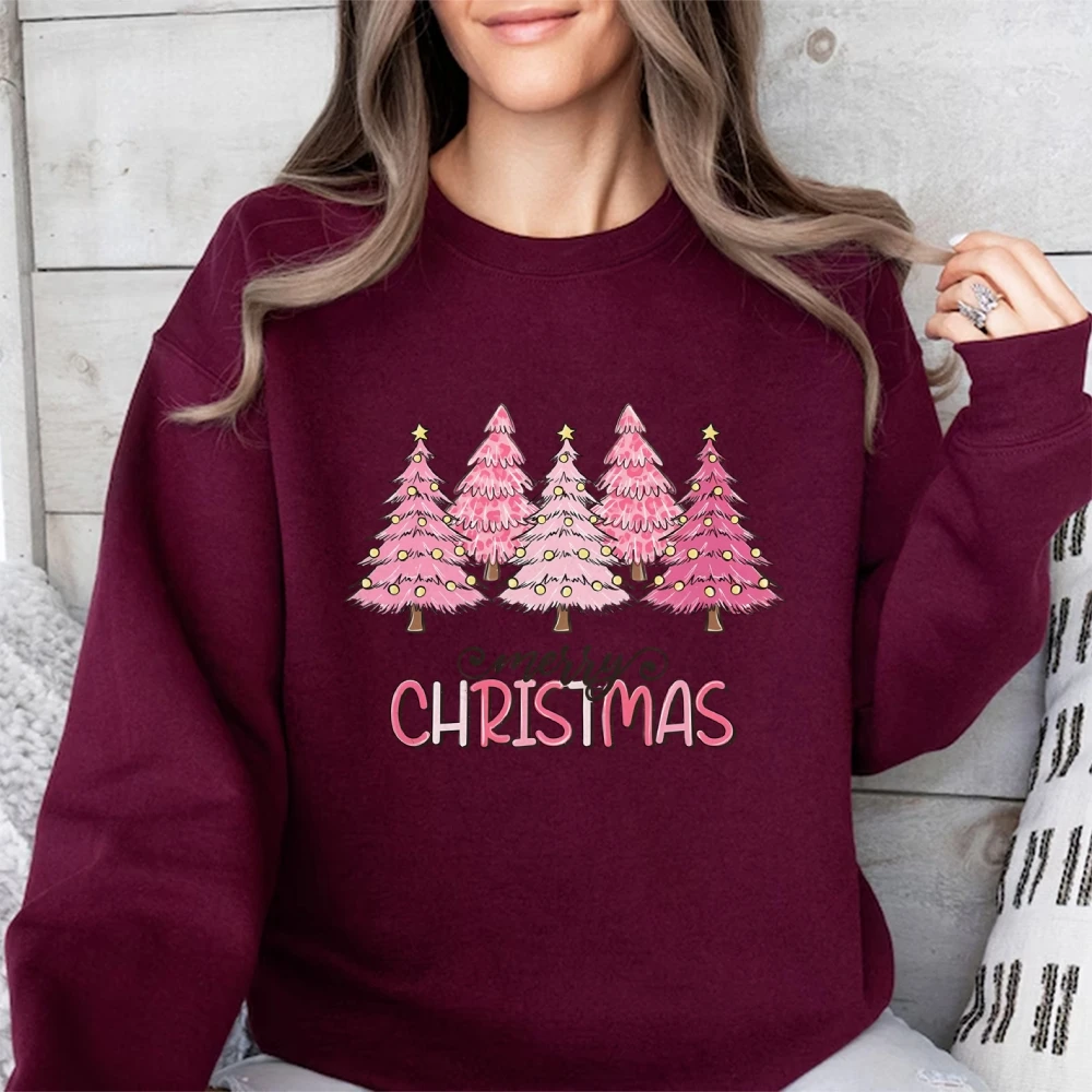 Pink Tree Christmas Sweater, Christmas Tree Crewneck Sweatshirt, Holiday Sweaters for Women, Winter Stylish Long Sleeve Shirt