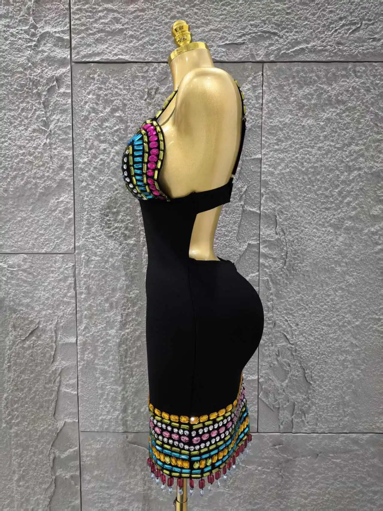 Sparkly Colorful Diamonds V Neck Black Bodycon Bandage Dress 2025 Celebrity Elegant Evening Club Party Luxury Birthday Dresses