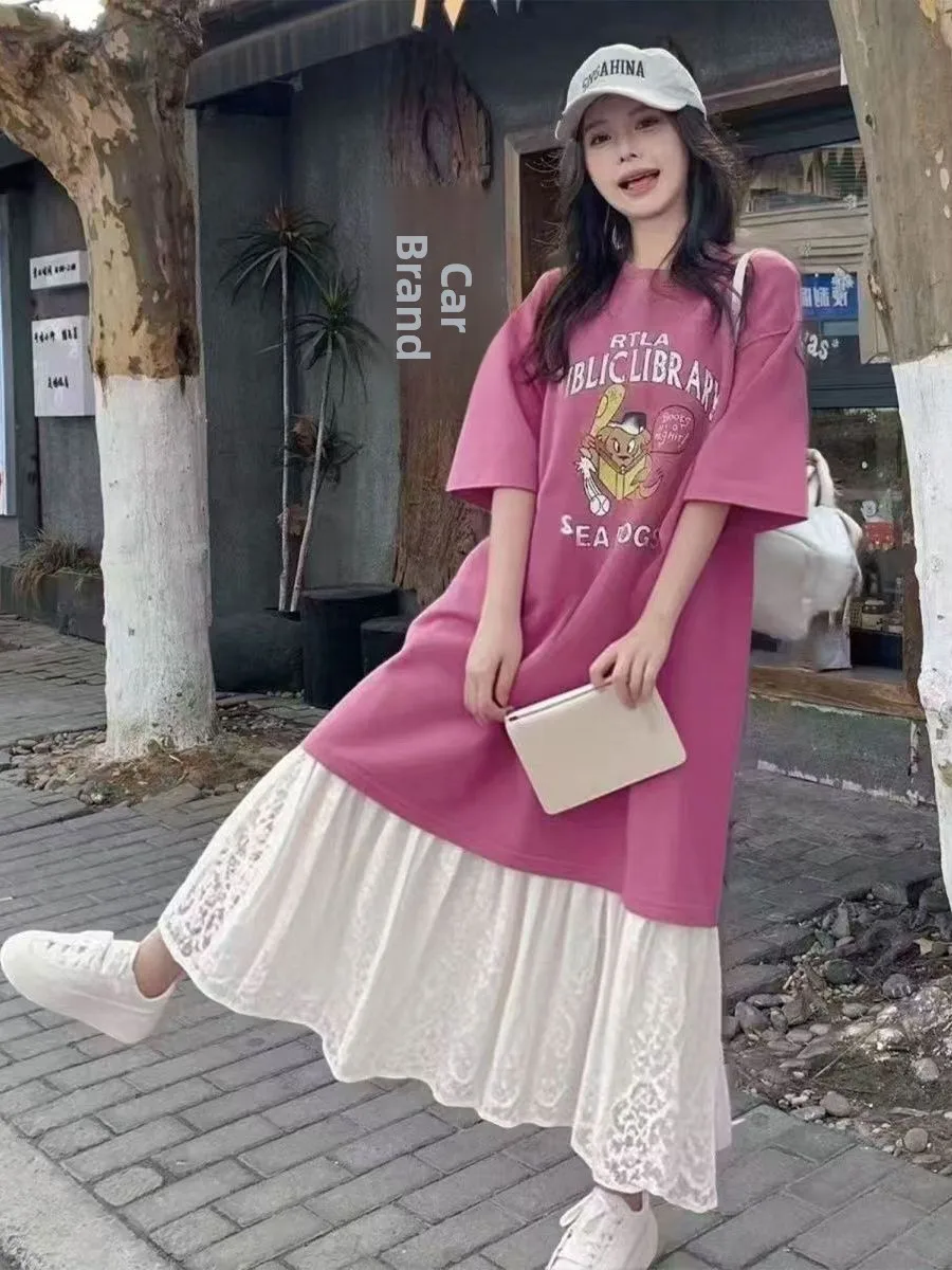 

plus Size 300 Pounds Korean Style Casual Short Sleeve Dress Women Summer Belly Cover T-Shirt Splicing Long Skirt