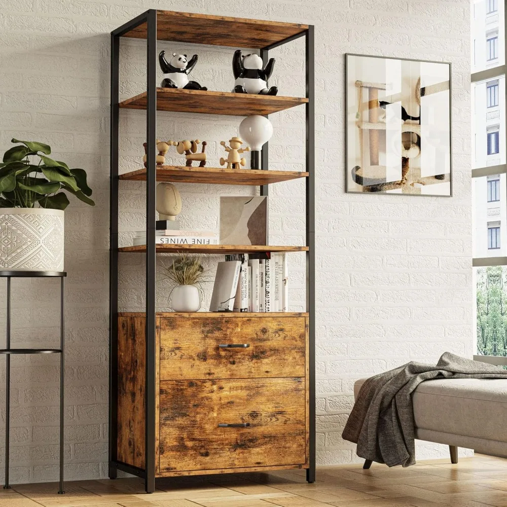 

Industrial Bookcase with File Cabinet Drawers - 71.6 in Tall 5 Tier Freestanding Storage for Home Office Organization