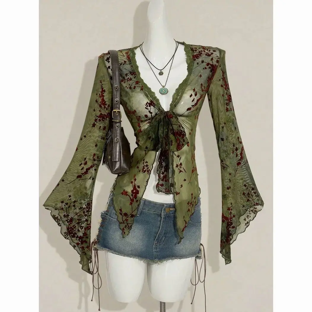 Mesh Cardigan Women's Long-sleeved Retro Oil Painting Printing Strap Design Sense Niche Lace Shirt Seaside Vacation Top