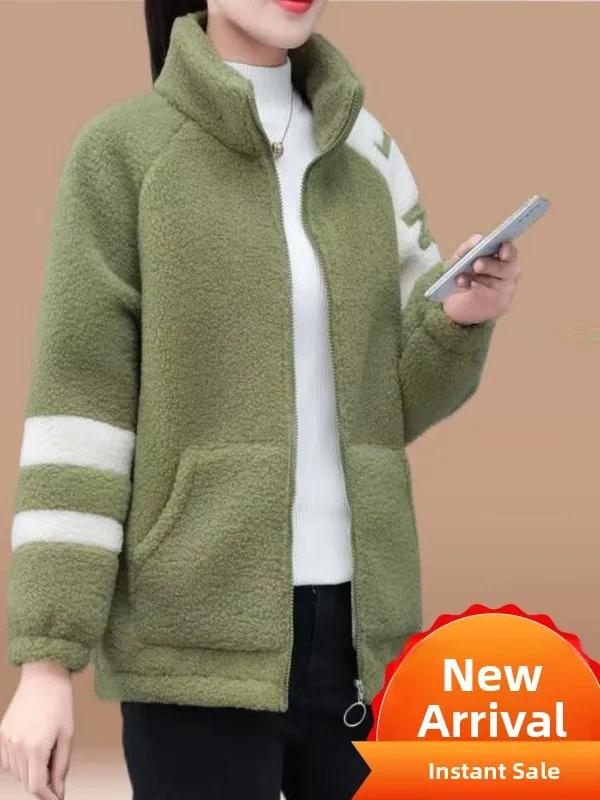 

Lamb Fur Lined Thiened Winter Jaet Women's Autumn Winter High End Letter Embroidery Fce Lined Stand Fit ort Coat