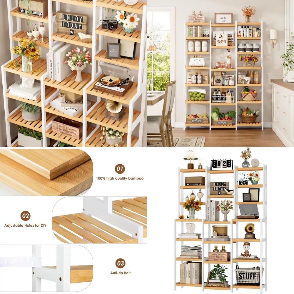 

3-Tier Bamboo Ladder Shelf - Indoor Plant Stand, Bookshelf, Adjustable Display for Living Room, Balcony, Kitchen - White & Natur