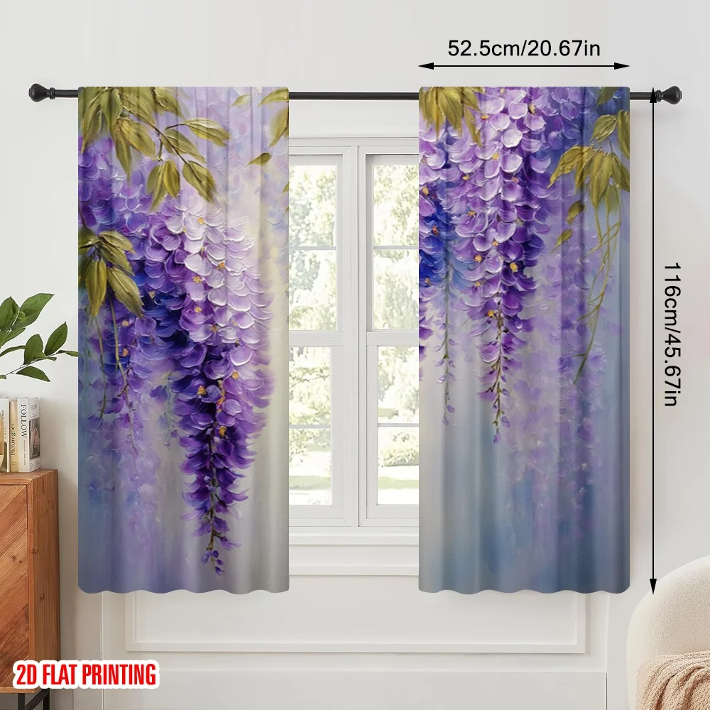2pcs,2D plane printing Pattern Curtains Purple Wisteria Versatile Durable Polyester (without rod) Decorations For Home Use for
