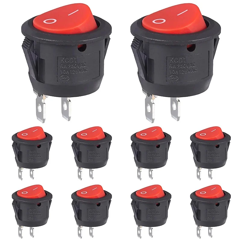 Rocker Switch 2-Pin Switch Round On/Off 6A 250V 10A 125V Round Car Built-in Switch Lockable Self-Locking Red/Black (Pack of 10)