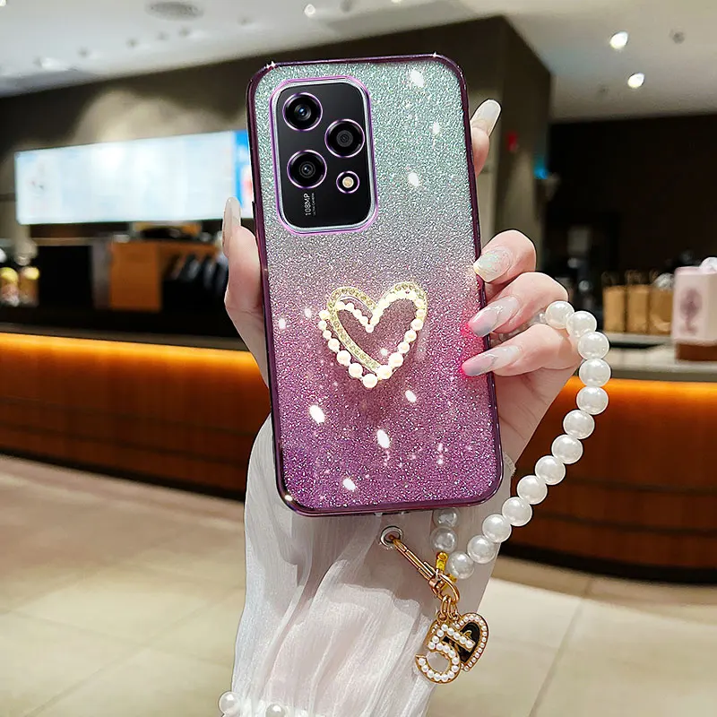 

High Quality Pearl Bracelet Lanyard Glitter Case For Honor 200 Lite Coque Cover For Honor200 Lite pro X9 X8 5G Diamond Love Case