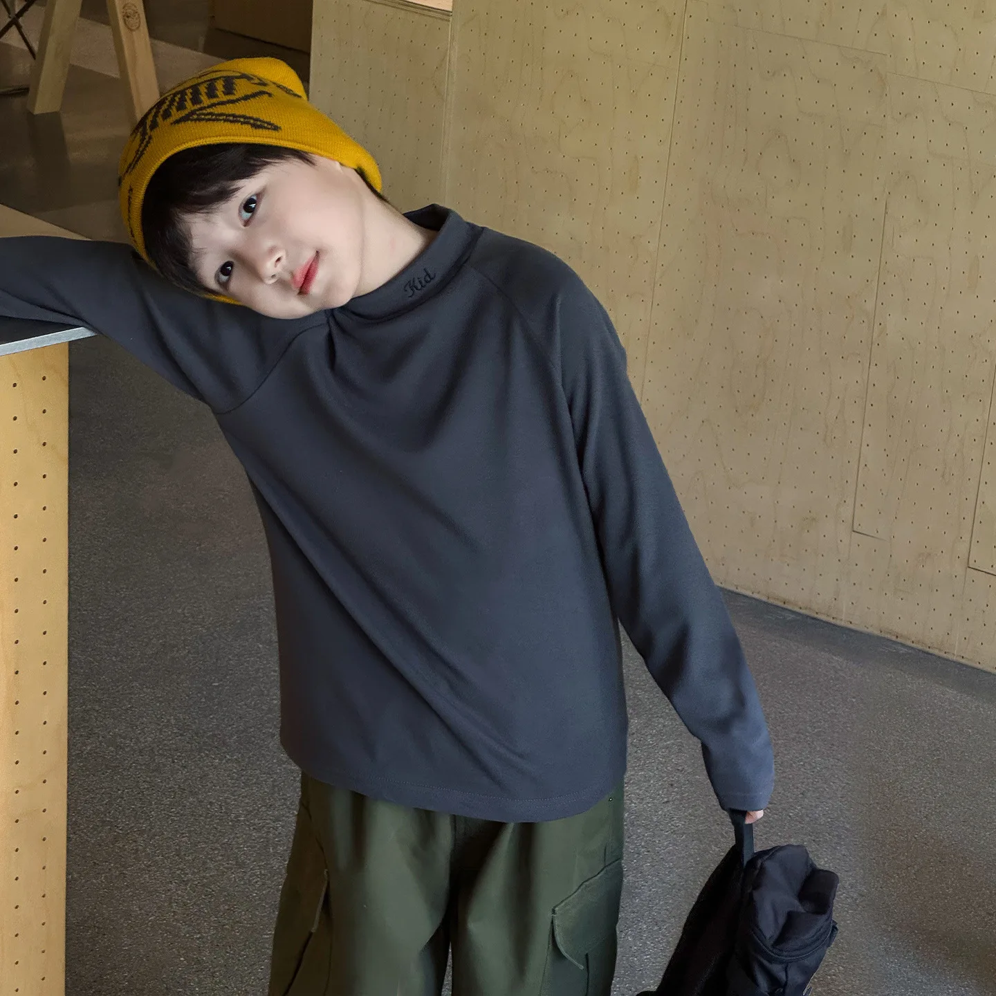 

Kids Clothes Winter Base Layer Underwear New Trendy Letter-stitched Baby Semi-high-necked Fleece Children's Base Underwear