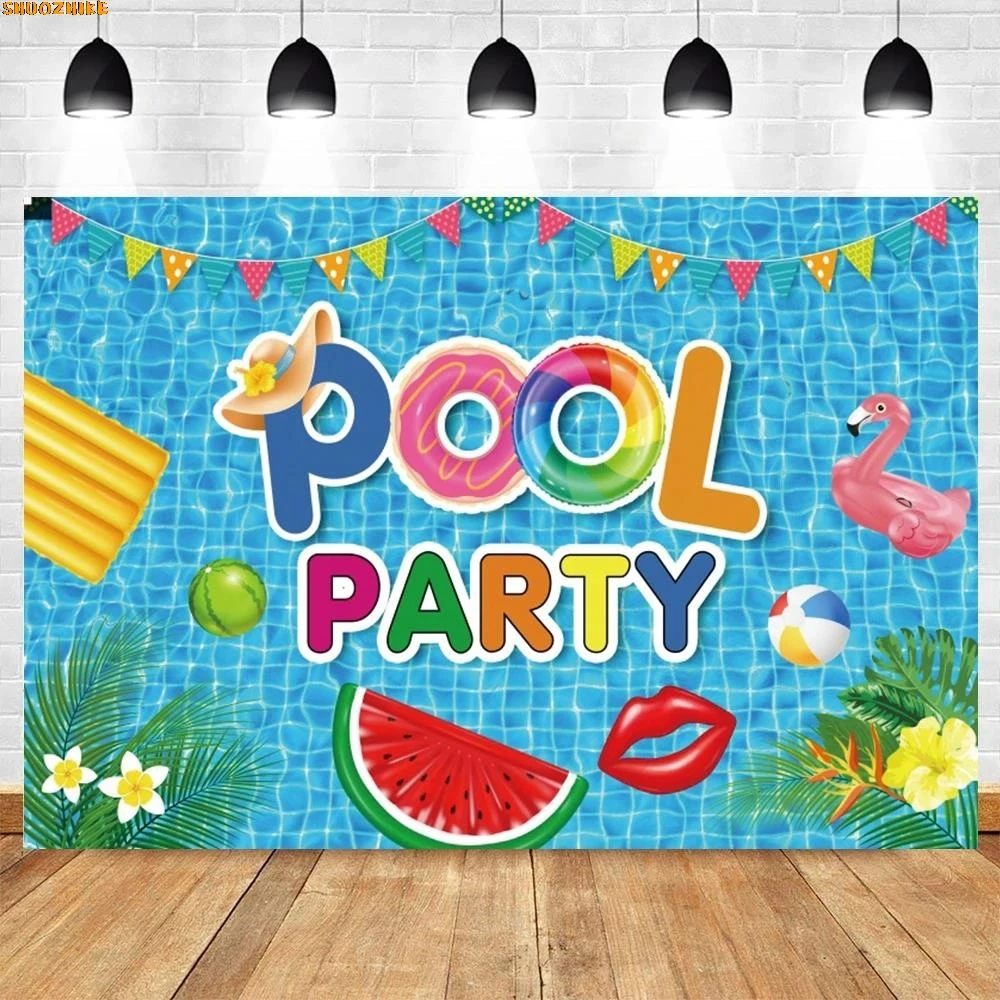 

Summer Pool Party Backdrop Hawaiian Swimming Beach Ball Flamingo Lifebuoy Holiday Baby Birthday Photocall Photography Background