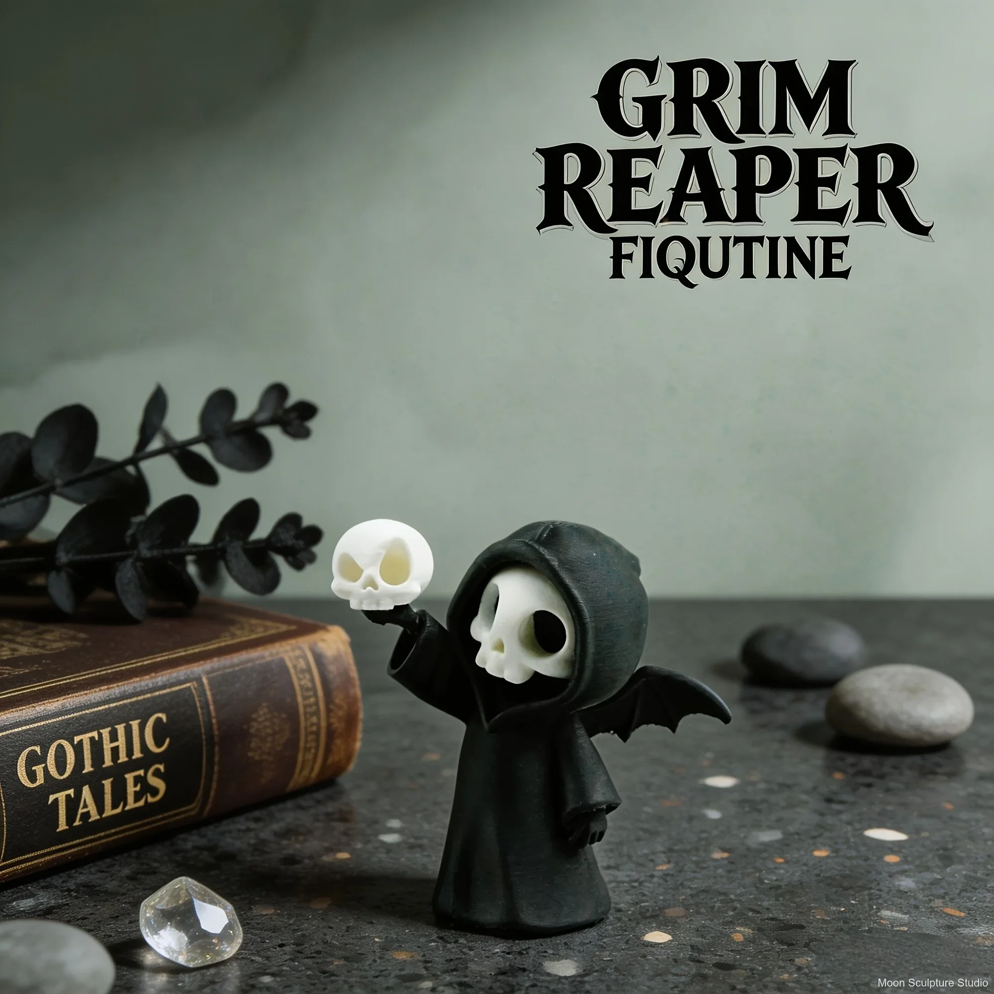 Mini-Sensenmann-Figur aus Harz mit Flügeln, Niedliche Skelett-Statue mit Totenkopf, Gotische Schreibtisch-Dekoration für Halloween-Partys – Detail 1