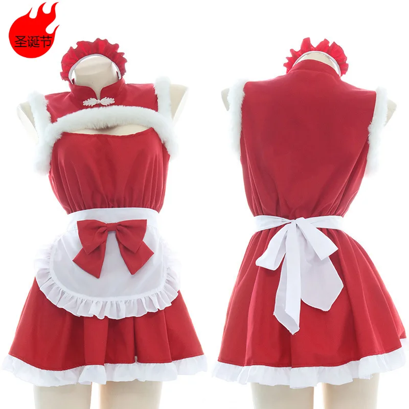 Sexy Christmas Clothes Maid Dress Cute Girl Nightgown Plush Open Chest Red Pajamas Outfit Exotic Cosplay Costumes Roleplay