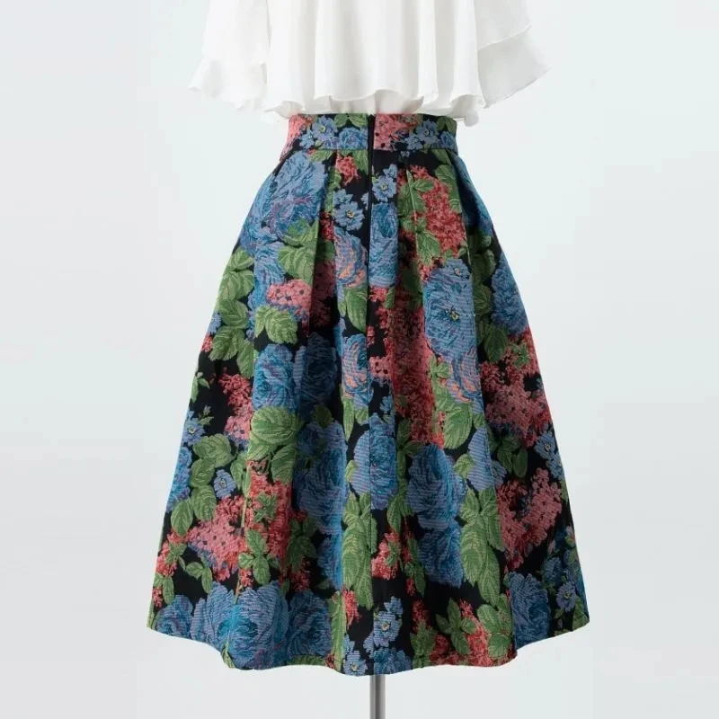 

Blue Green Flower Vintage High Waist Ball Gown A-line Loose Women's Skirt Knee-Length Long Skirts For Women Clothing Fashion