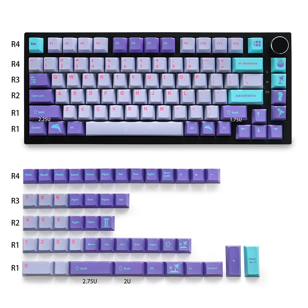

Колпачки для клавиш Vaporwave Cherry Profile, материал PBT, 129 клавиш, пятисторонние колпачки для клавиш Dye-Sub для механической клавиатуры с переключателем 61/87/104/108 Mx