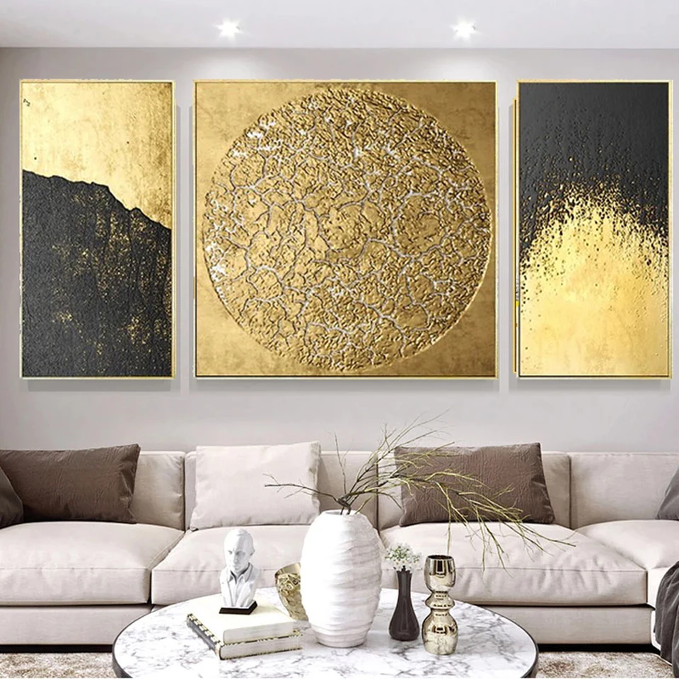 3 Pieces Set Luxury Abstract Golden Painting Cross Stitch Diamond Mosaic Wall Art Gold Foil For Living Room Home Decor Cuadros