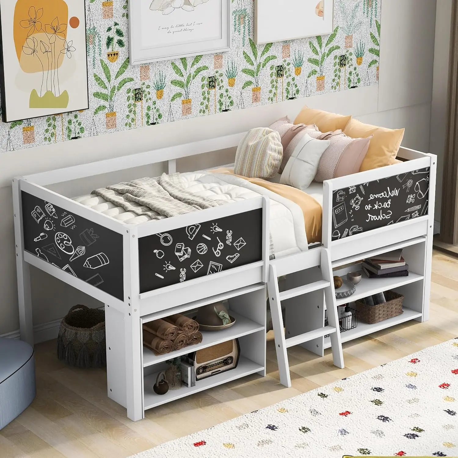 Low Loft Bed With 2 Movable Storage Shelves,Loft Bed With Chalkboard And Ladder,Twin Loft Bed Frames For Kids,Kids Twin Bed