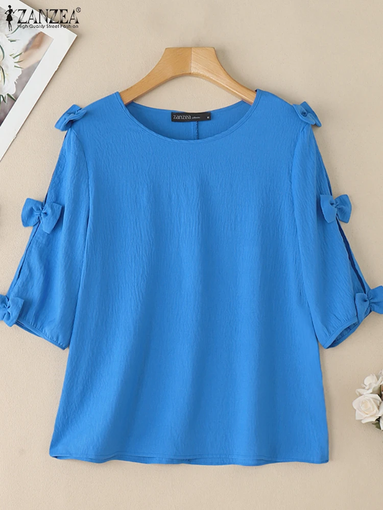 

ZANZEA Повседневная свободная блузка с бантом, топы 2025 года, женская элегантная офисная туника, однотонная модная свободная блузка с круглым вырезом и половиной рукава