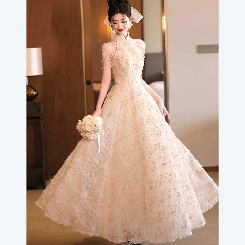 Women's Halter Neck Off Shoulder Evening Dress Female Host Light Luxury Niche Engagement Toast Bride Princess Prom Banquet Gown