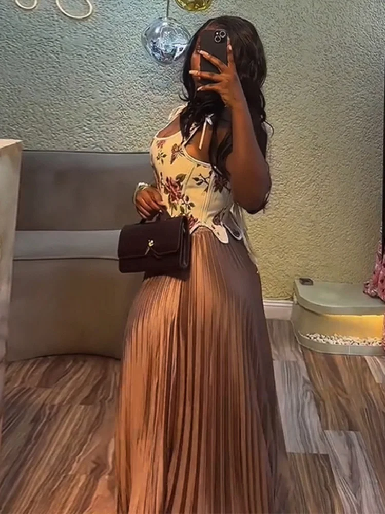 

Hem Vest Pleated Half Skirts 2025 Summer Party Vacation Lady Suit Printed Patchwork Tank Skirt Women Set Evening Lace Up