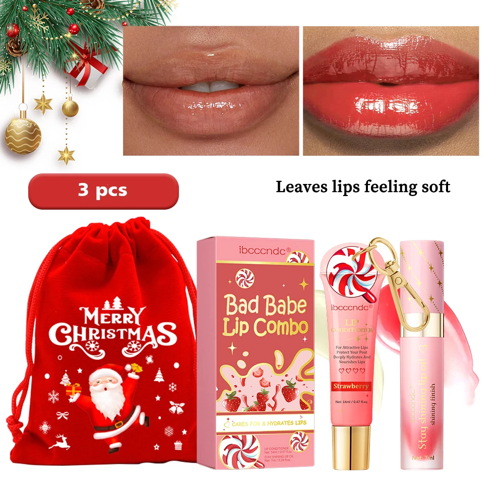 Strawberry Scent Lip Gloss Duo Combo with Keychain Long Lasting Nourish Plumper Lip Cosmetics Christmas Gift