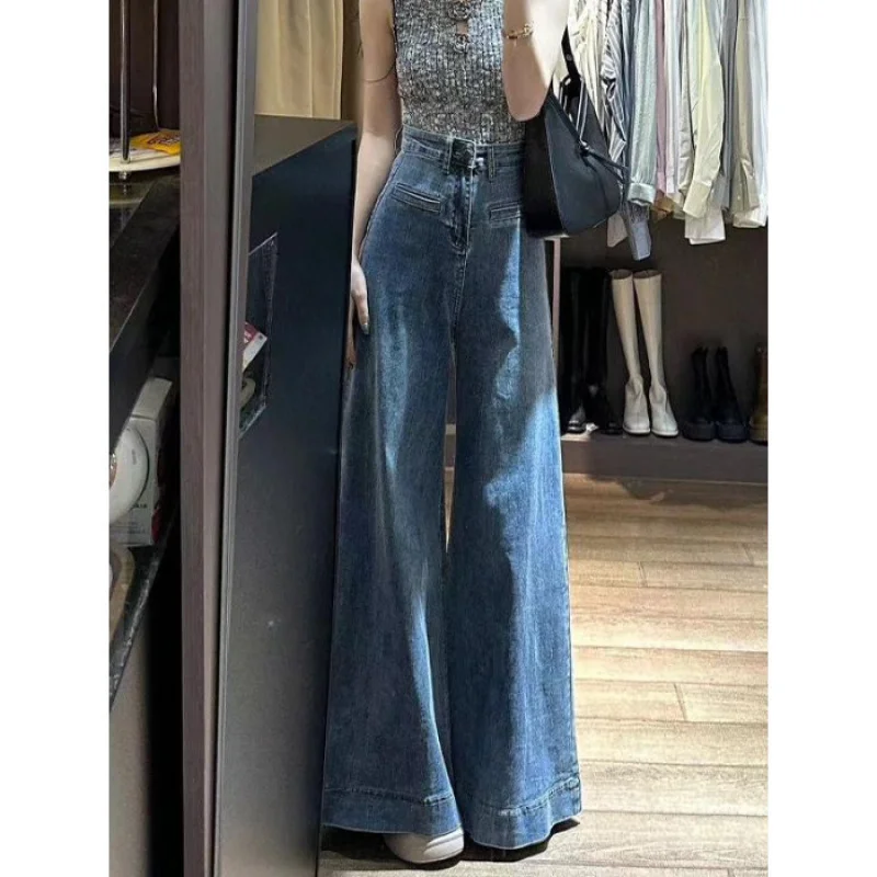 Vintage Blue High Waist Loose Fit Slimming Floor Length Jeans for Women Winter New American High Street Drapey Wide Leg Pants