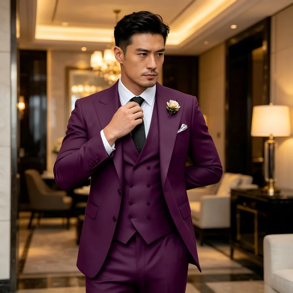 

Novo Beige Business Smoking 3-Piece Male Terno Unique Breasted Wedding Groomsmen Formal Suit Jacket Vest Pants Set