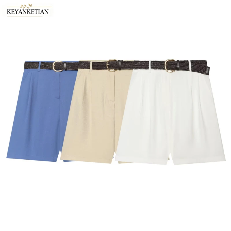 KEYANKETIAN 3 Colors High Waist Bermuda Shorts Pleated Front Matching Glitter Belt Gold Buckle Straight Leg Casual Summer Shorts
