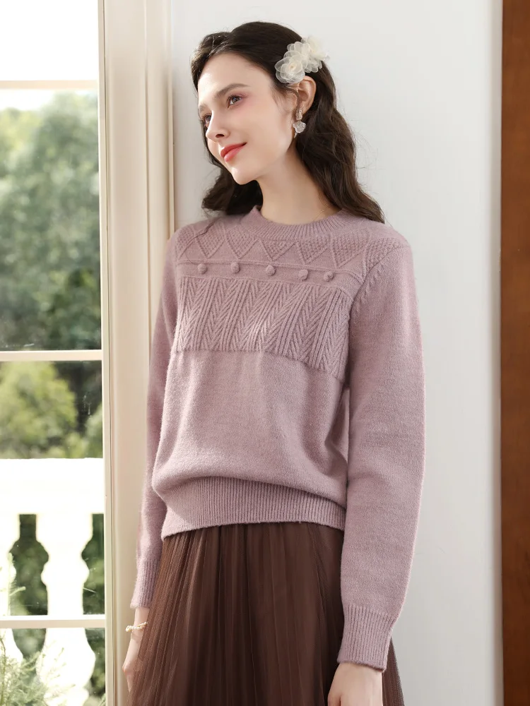 I BELIEVE YOU Gray Pink Crochet Wheat Jacquard Sweater for Women 2024 Autumn Winter Warm Soft Wool Knitted Sweater 2244125749