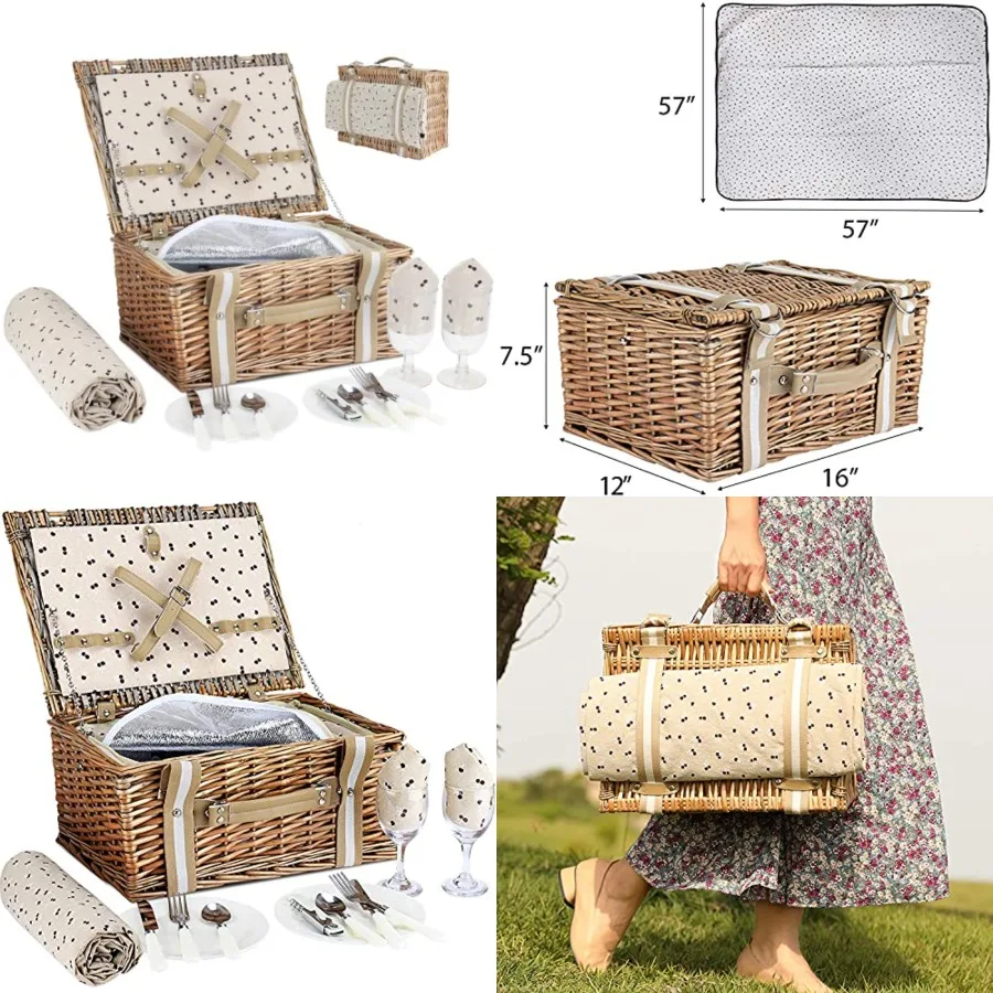 

Willow Picnic Basket Set for 2 Persons with Large Insulated Cooler Bag and Waterproof Picnic Blanket, Wicker Picnic Hamper for