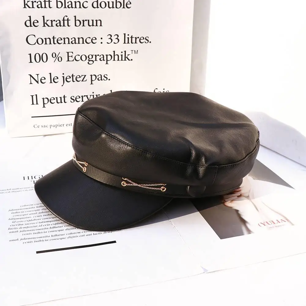 

Retro Warm Autumn All-match PU Leather Winter British Style Painter Cap Women Berets Navy Hat Korean Style Octagonal Hat