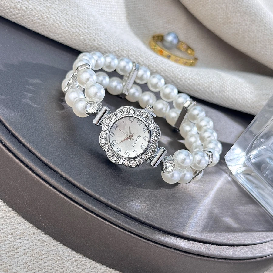 New Elegant Pearl Diamond-Encrusted Elastic Band Watch Vintage Luxury Bracelet Style Convenient for Ladies Quartz Wristwatch image 5