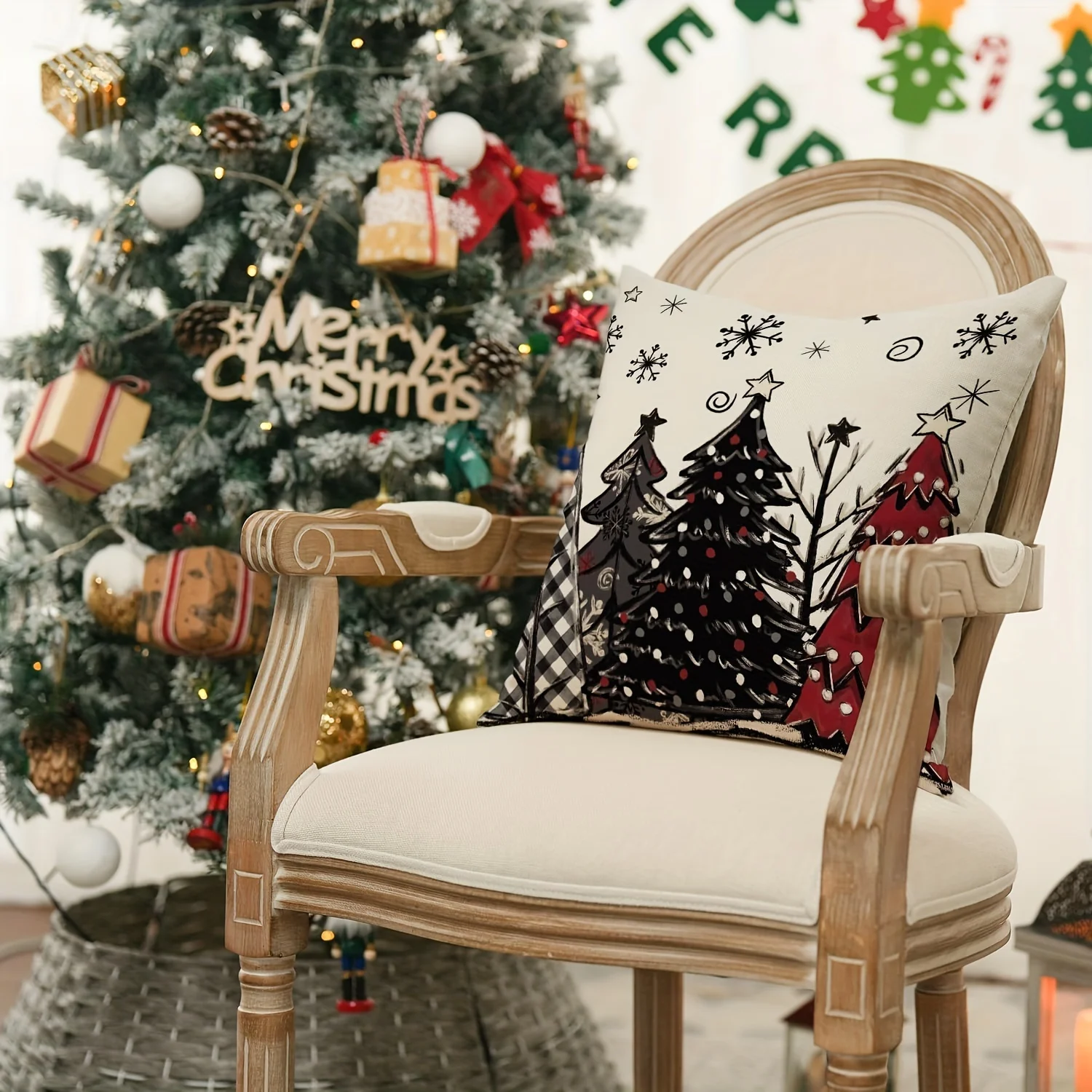 4-Pack Christmas Throw Pillow Covers,  Decorative Cushion Cases - Festive Trees, Merry & Bright, Joy Holiday Designs