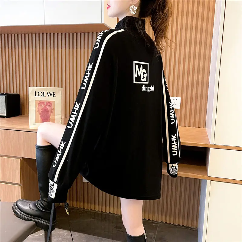 Hikigawa Chic Fashion Women Streetwear Turtleneck Bottoming Sweatshirts Korean Loose All Match Letter Print Pullover Top Mujer